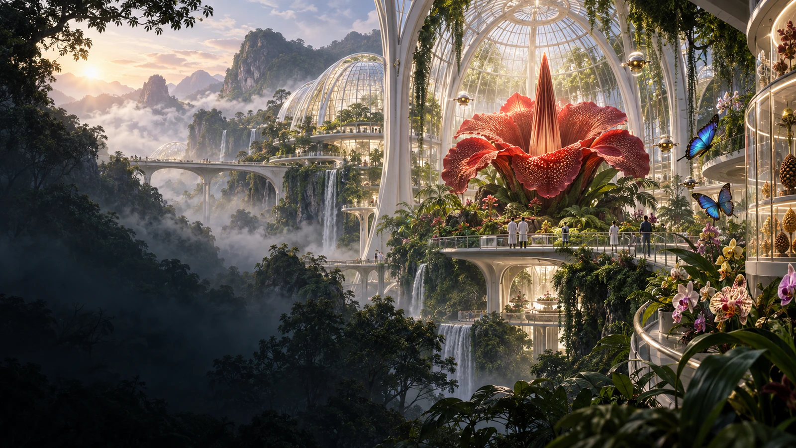 A monumental conservatory protecting a rare red tropical flower and its cloud-forest ecosystem