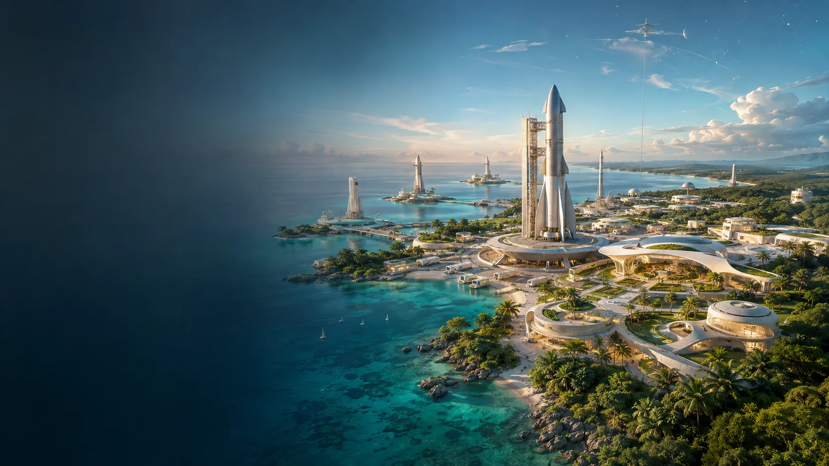 An equatorial garden spaceport connecting Earth with orbital communities