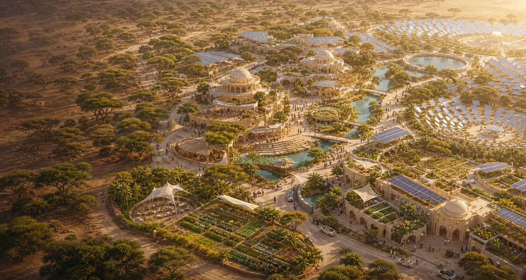 A sun-powered Sahel community with gardens, water channels, and shaded civic spaces