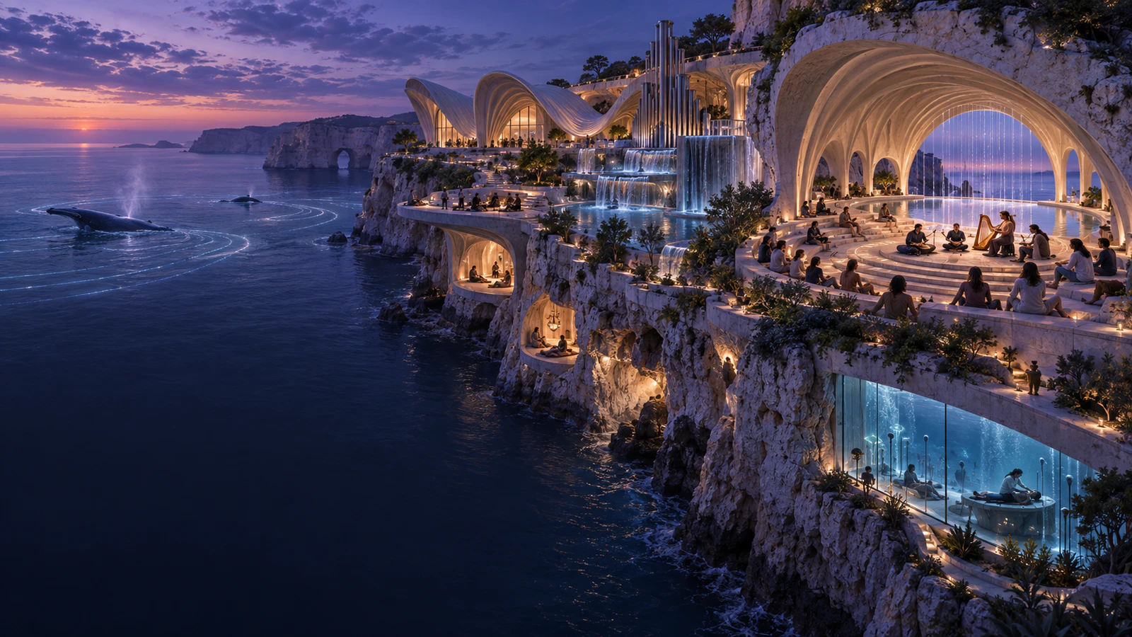 A sonic-health arcology carved into sea cliffs with acoustic chambers and hydrophone gardens